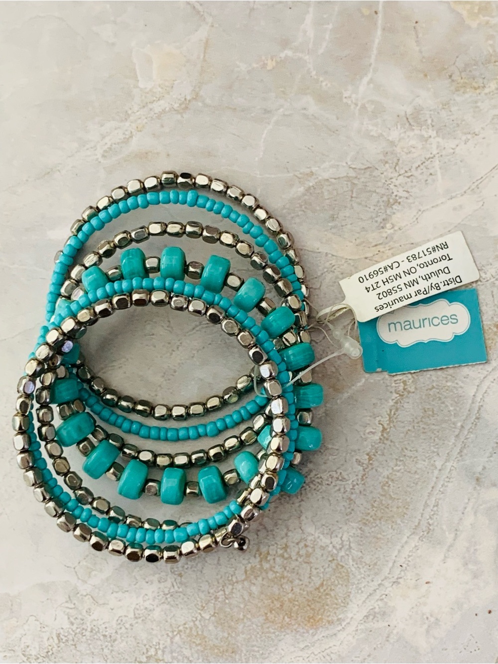 maurices Turquoise and Silver Beaded Coil Bracelet Stack